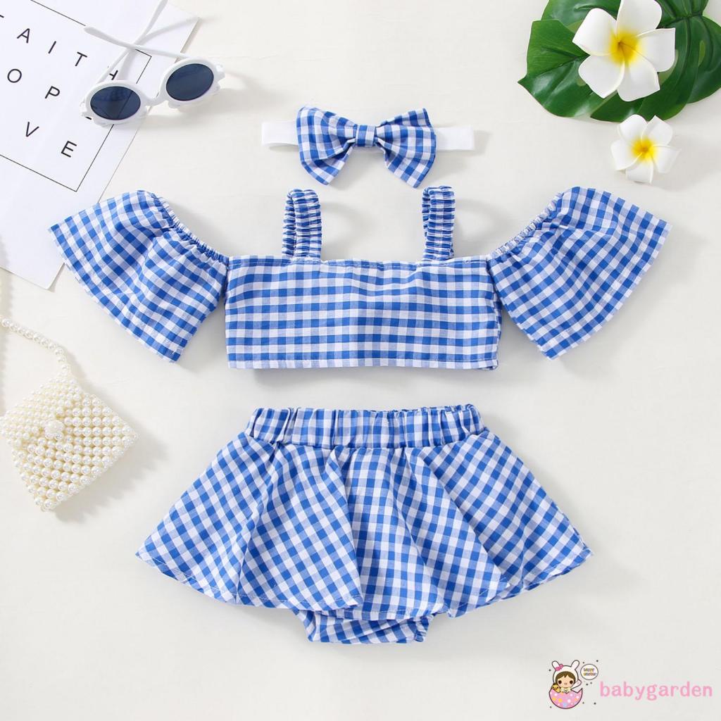 Set Áo Trễ Vai Tay Ngắn Kẻ Sọc Ca Rô + Chân Váy Thời Trang Hè Xinh Xắn Cho Bé Gái 0-3 Tuổi