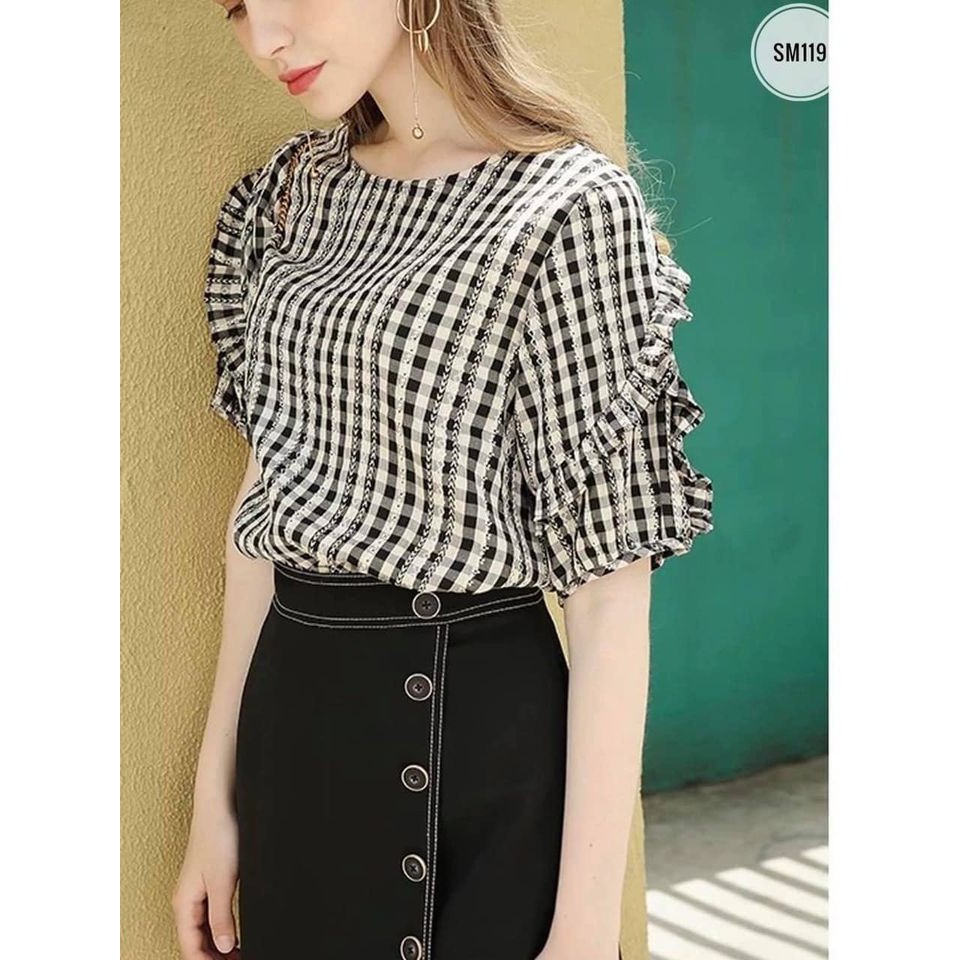 ÁO KẺ TAY XẾP BÈO CHÉO MULLET