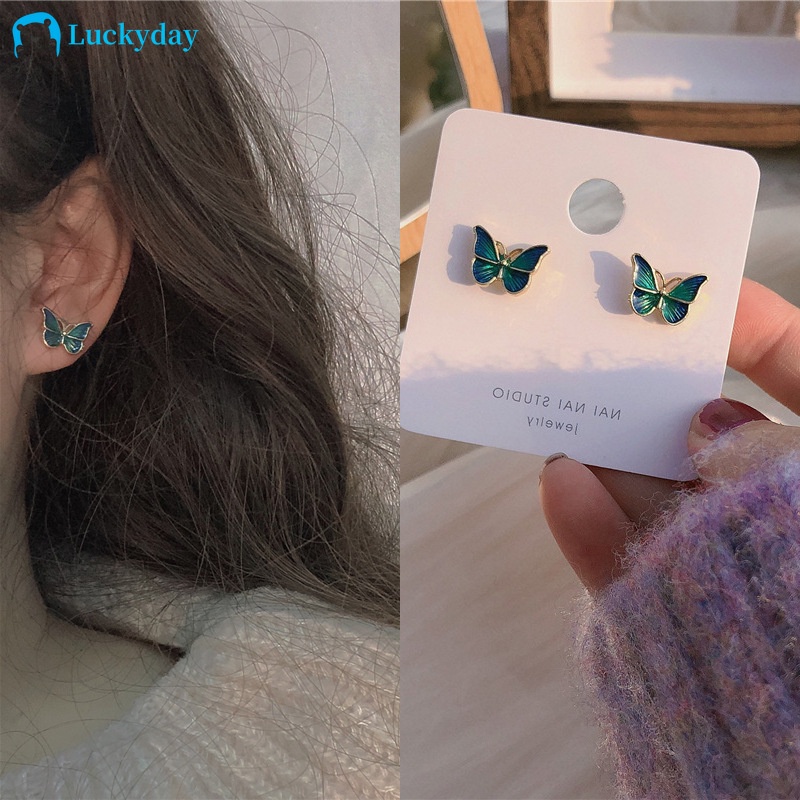 Bộ bông tai hình bướm màu xanh lá dầu đơn giản thời trang không gây dị ứng cho nữ