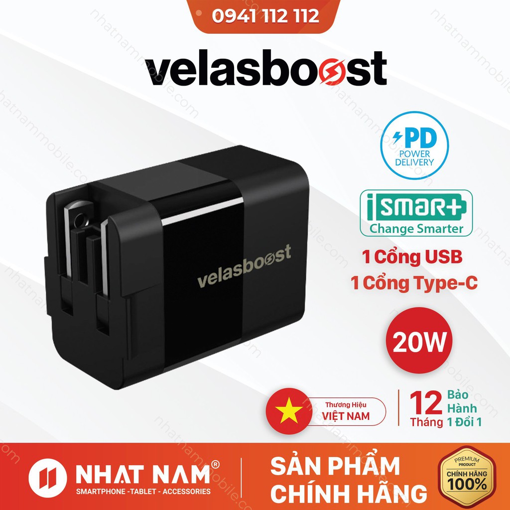 Củ Sạc Velasboost 20W- Bộ sạc nhanh củ cáp có chứng chỉ MFI, thương hiệu Việt Nam, BH 12 Tháng