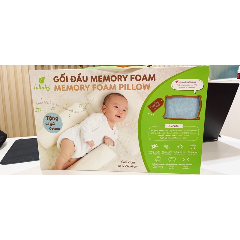 GỐi sơ sinh LULLABY memory foam ( cao su non ) chống bẹp đầu [ TẶNG 1 VỎ GỐI ]