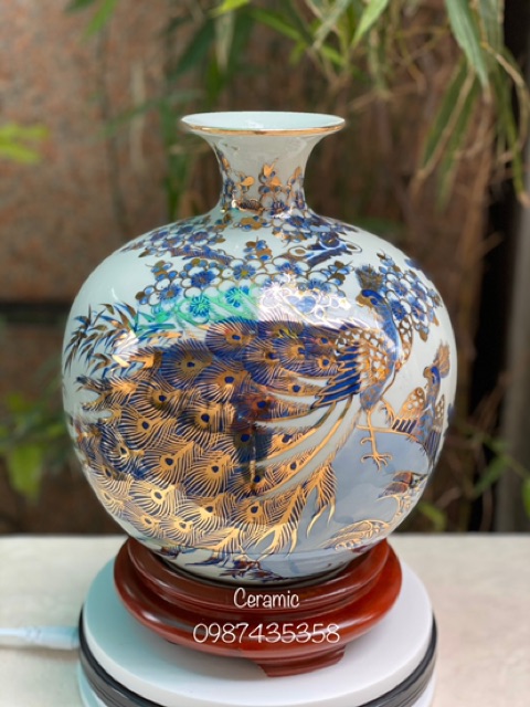 Bình hút tài lộc men lam vẽ vàng kim gốm sứ Bát Tràng
