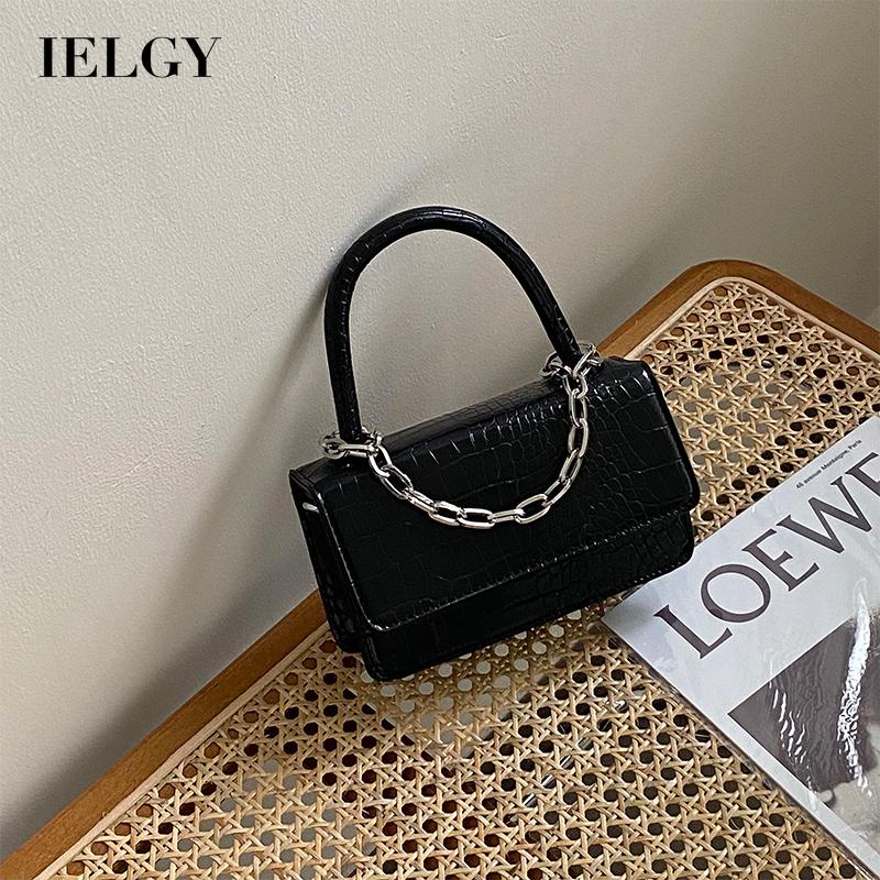 Túi đeo chéo IELGY nắp lật họa tiết da cá sấu màu đen phong cách retro thời trang cho nữ