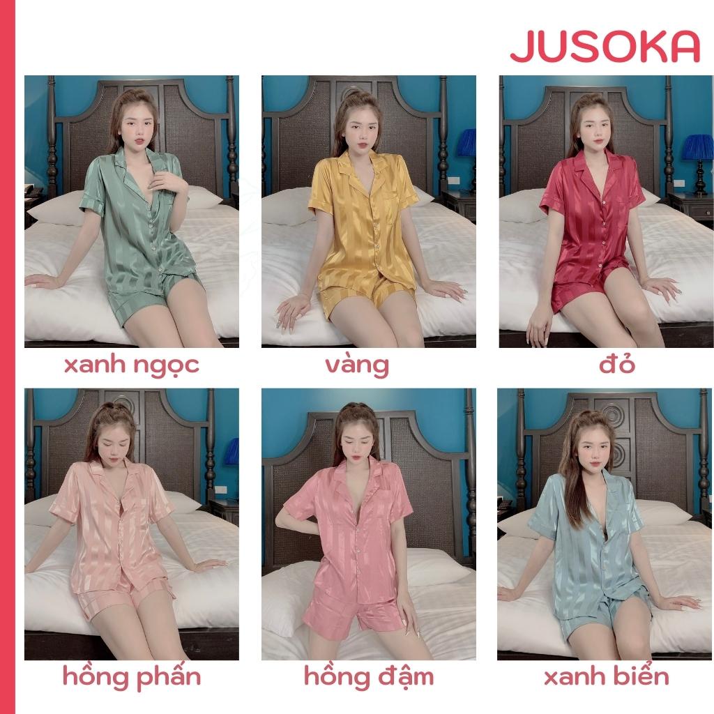 Đồ Bộ Nữ Pijama Bộ Lụa Ngủ Áo Cộc Quần Đùi Mặc Nhà Dễ Thương Chất Liệu Gấm Tơ JUSOKA