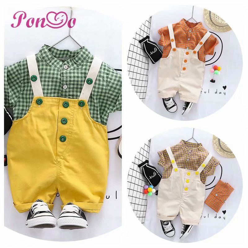 Set áo sơ mi tay ngắn và quần yếm thời trang dành cho bé trai 1-4 tuổi