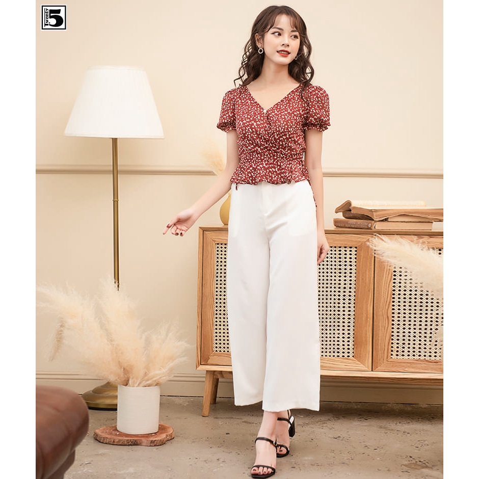 Áo kiểu nữ cổ V, dây thắt eo, chun tay Twentyfive N166