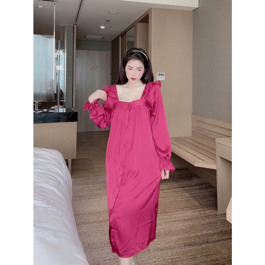 Đầm Ngủ Sexy lụa latin tiểu thư baby doll cổ U, nút bộc xịn xò- DN 107