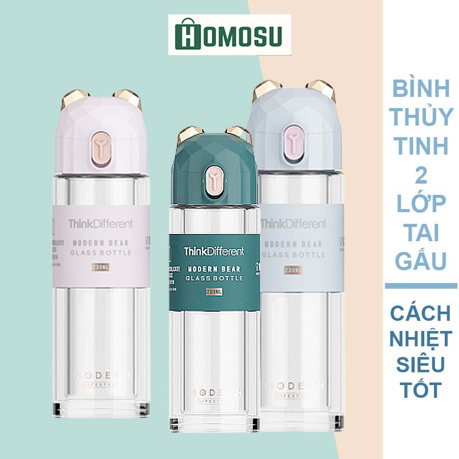 Bình Thủy Tinh 2 Lớp, Bình Nước Nắp Gấu Vàng Gold Sang Trọng Cách Nhiệt J-097