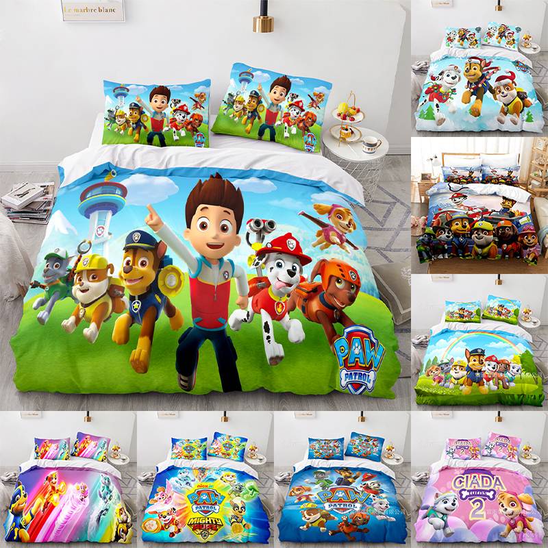 Bộ Chăn Ga Và Vỏ Gối IN Hình Hoạt Hình Paw Patrol 3 Trong 1 140*210cm
