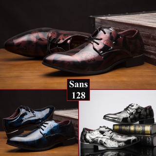 Giày da nam cao cấp họa tiết Sans128 phong cách cá tính buộc dây mũi nhọn