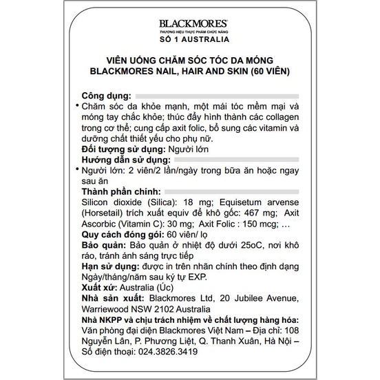 [Chính hãng Úc] Viên uống chăm sóc tóc, da, móng Nail, Hair and Skin Blackmores Úc 60 viên - Date mới