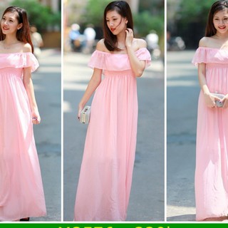 Đầm maxi bẹt vai nhúng (dâu)