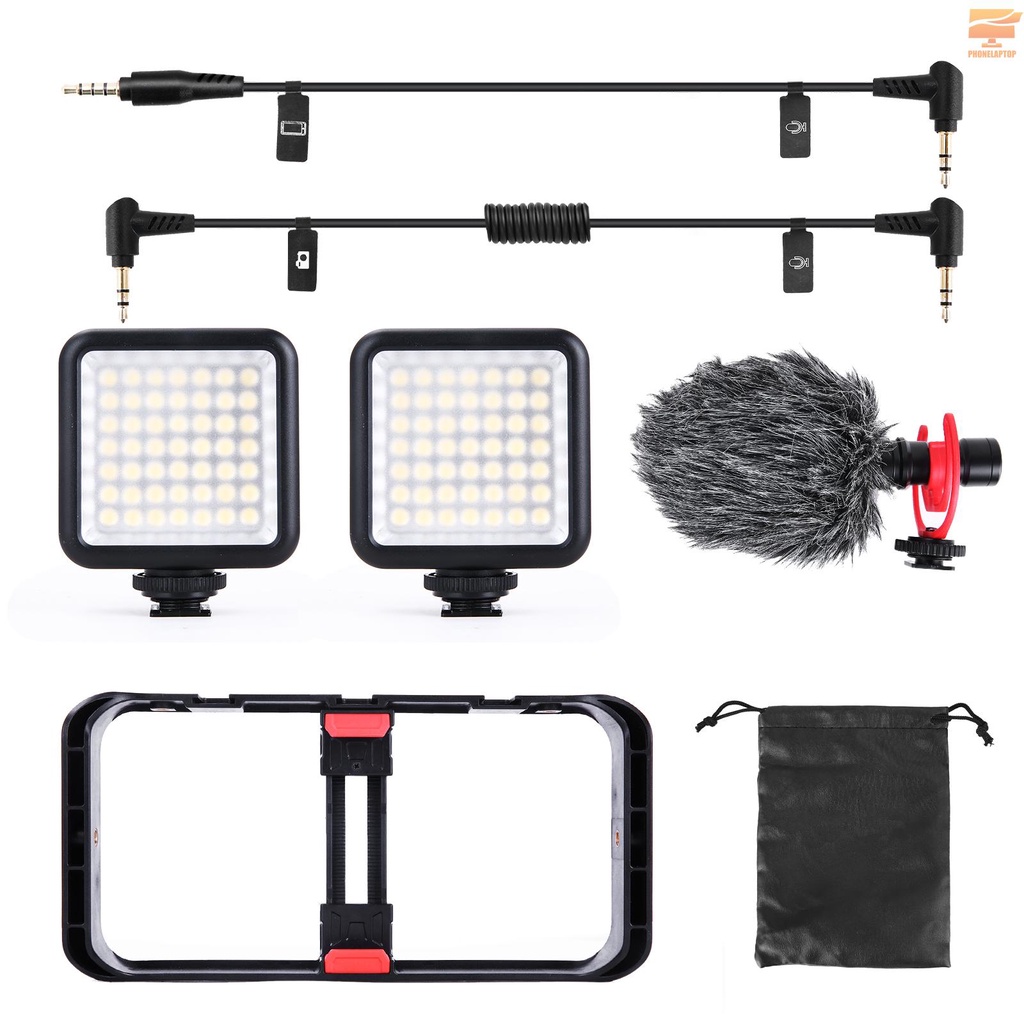 Andoer Bộ Khung Gắn Điện Thoại + 3 Ngàm + 2 Đèn Led Mini + Micro Chống Sốc Tiện Dụng
