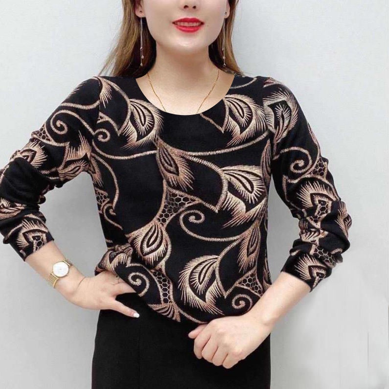 Áo Thun Tay Dài Cổ Tròn Dày Dặn In Họa Tiết Thời Trang Thu Đông Cho Nữ Trung Niên