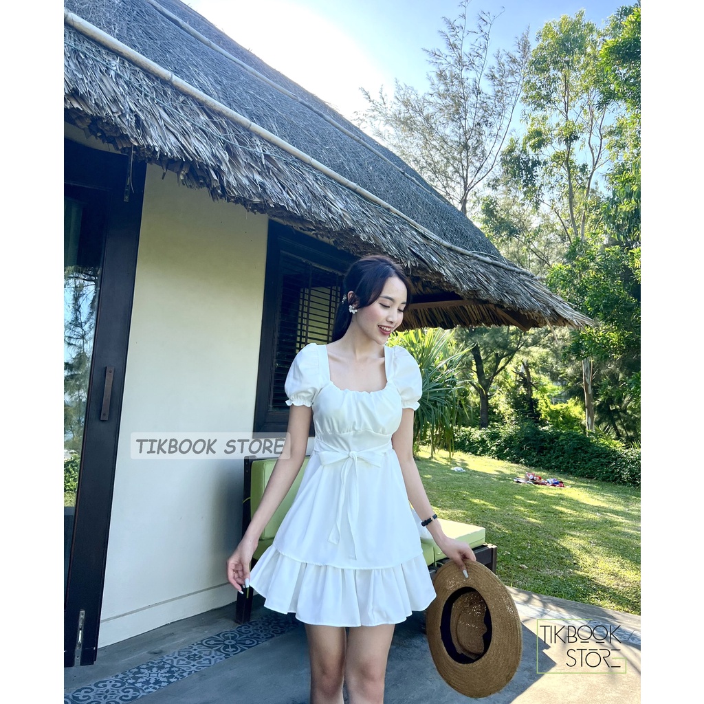 ĂNh thật- Váy tay bồng buộc eo thắt nơ - Tikbook Store
