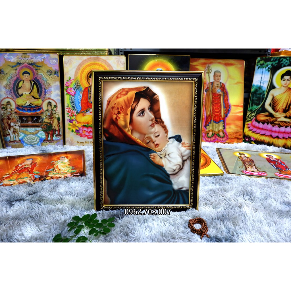 [NHIỀU MẪU] Tranh công giáo Đức Mẹ Maria bồng Chúa Jesu bằng vải phủ bóng khung composite xịn xò 36x48cm
