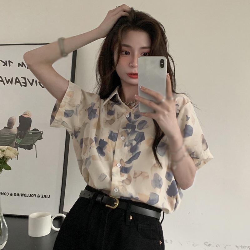 Áo Sơ Mi Chiffon Mỏng Tay Ngắn Dáng Rộng In Họa Tiết Kiểu Retro Hàn Quốc Thời Trang Mùa Hè Cho Nữ