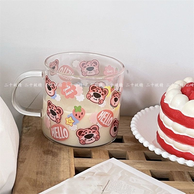 Cốc Thủy Tinh Uống Sữa In Hình Gấu Dâu Tây Kiểu Nhật Bản Dễ Thương Cho Cặp Đôi