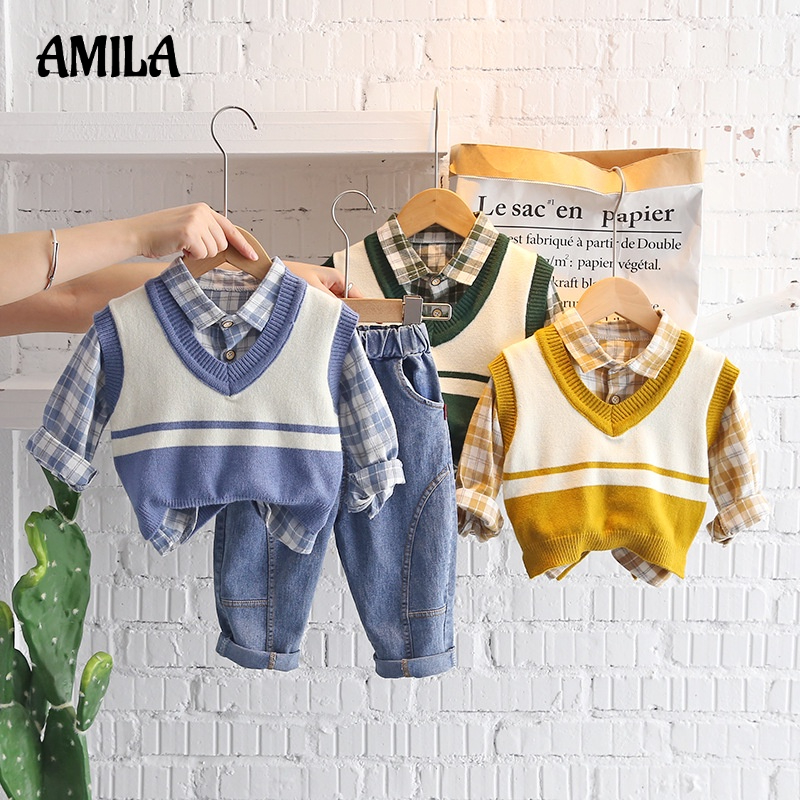 Set đồ AMILA gồm áo len không tay áo sơ mi tay dài và quần dài phong cách Hàn Quốc thời trang cho bé trai