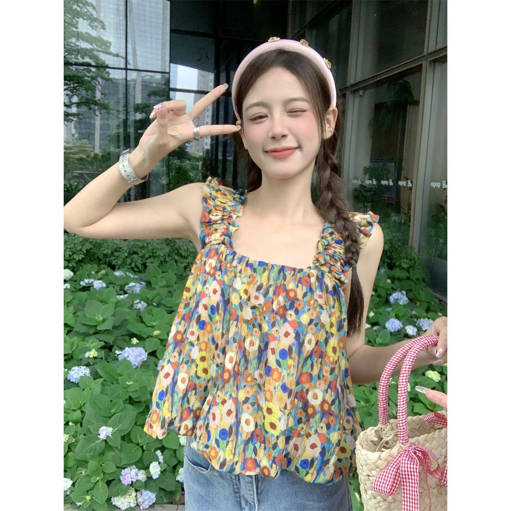 Xiaozhaniv Áo Tank Top Hai Dây Dáng Rộng Họa Tiết Tranh Sơn Dầu Hoa Kiểu Pháp Ngọt Ngào Cho Nữ