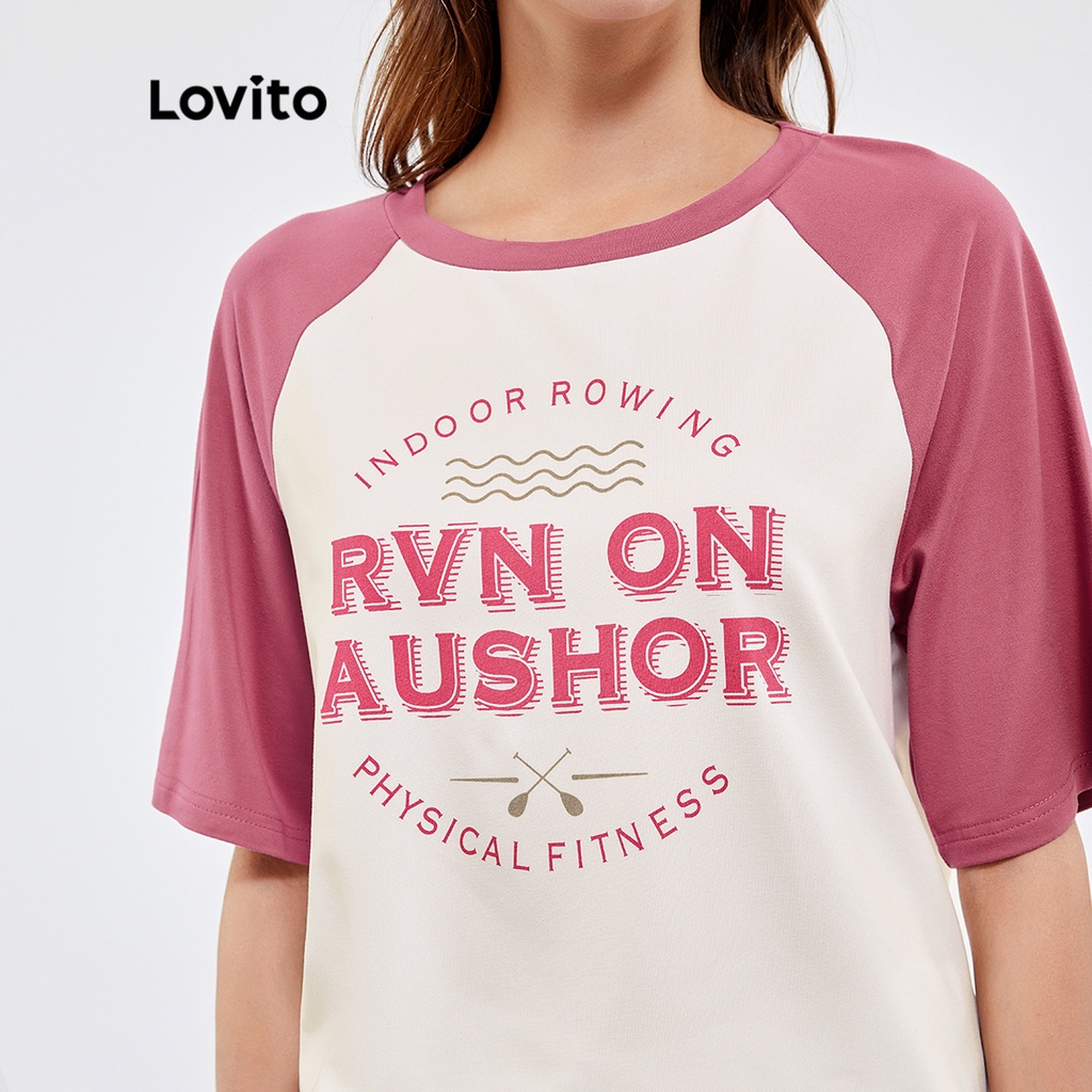 Áo thun Lovito tay ráp nối lửng cổ tròn họa tiết chữ ghép nối màu sắc phong cách thường ngày L25AD010 (màu hồng)