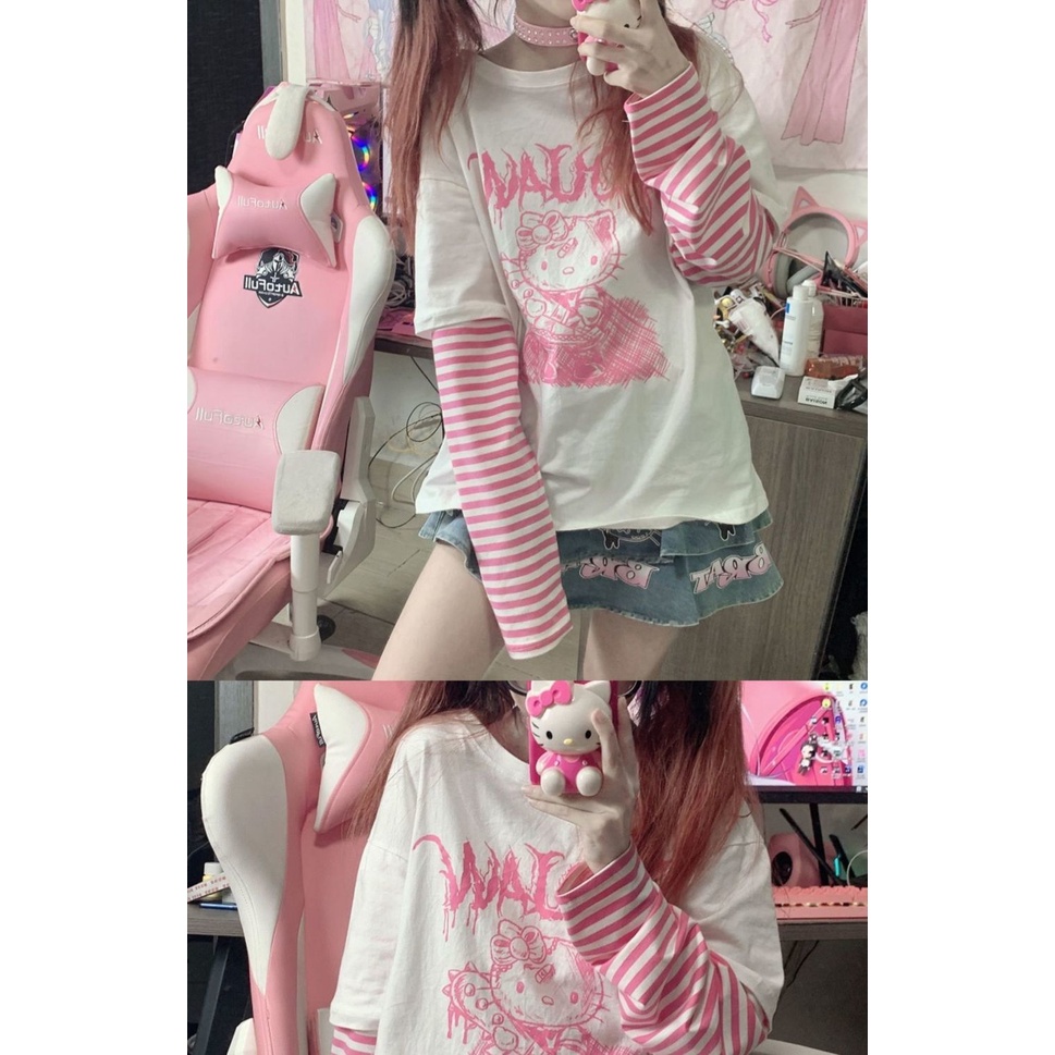 Áo Thun Tay Dài Dáng Rộng Giả 2 Lớp In Hình Hello Kitty Phong Cách Nhật Bản Dễ Thương Cho Nữ