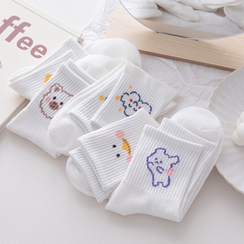 Tất cổ cao, vớ nhún cổ cao nữ trắng in họa tiết động vật dễ thương vải cotton co giãn thời trang Hàn Quốc