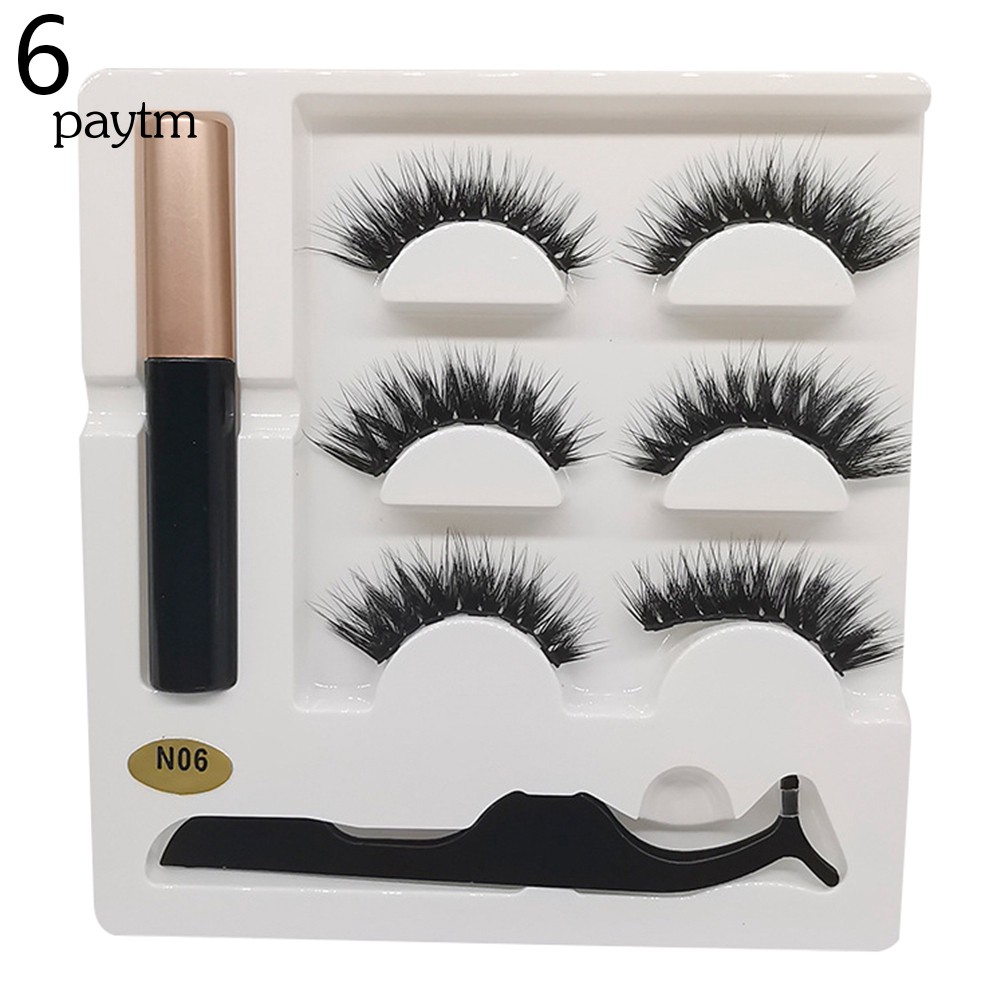 PM 3Pairs Magnetic 3D False Eyelashes Liquid Eyeliner Tweezers Lashes Extension Kit