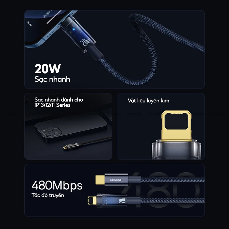 Baseus - Cắp Tự Ngắt Explorer Series C to iP, Dây Sạc Nhanh 20W, Tự Động Ngắt Điện Khi Sạc Đây Pin, Dây Dài 1m/2m
