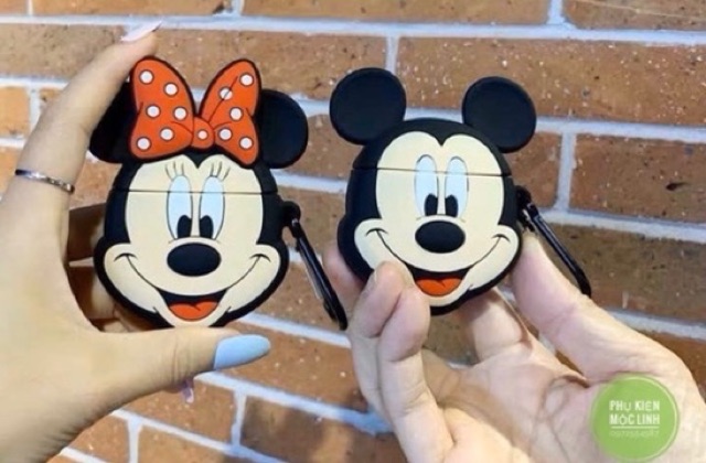 Vỏ bọc silicon hình Mickey Minnie cho hộp sạc tai nghe AirPods 2  Case AirPod i11 i12 i18 ... tặng kèm móc đeo