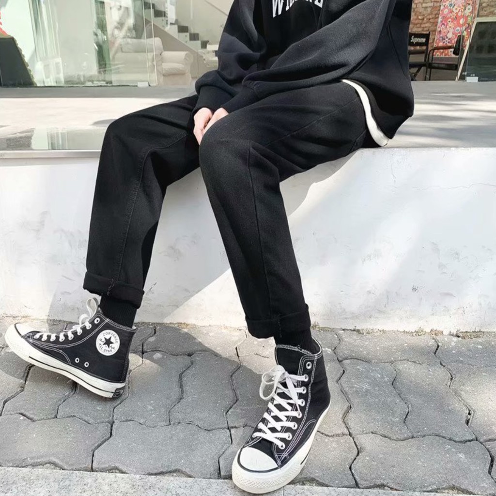 [Tiền Nào Của Đấy]Quần Jean Baggy Nam Ống Rộng Màu Đen Trơn Basic Unisex Vải Co Giãn-B01