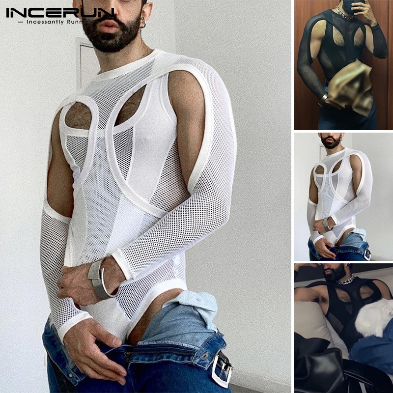 Jumpsuit INCERUN kiểu lưới xuyên thấu tay dài cho nam