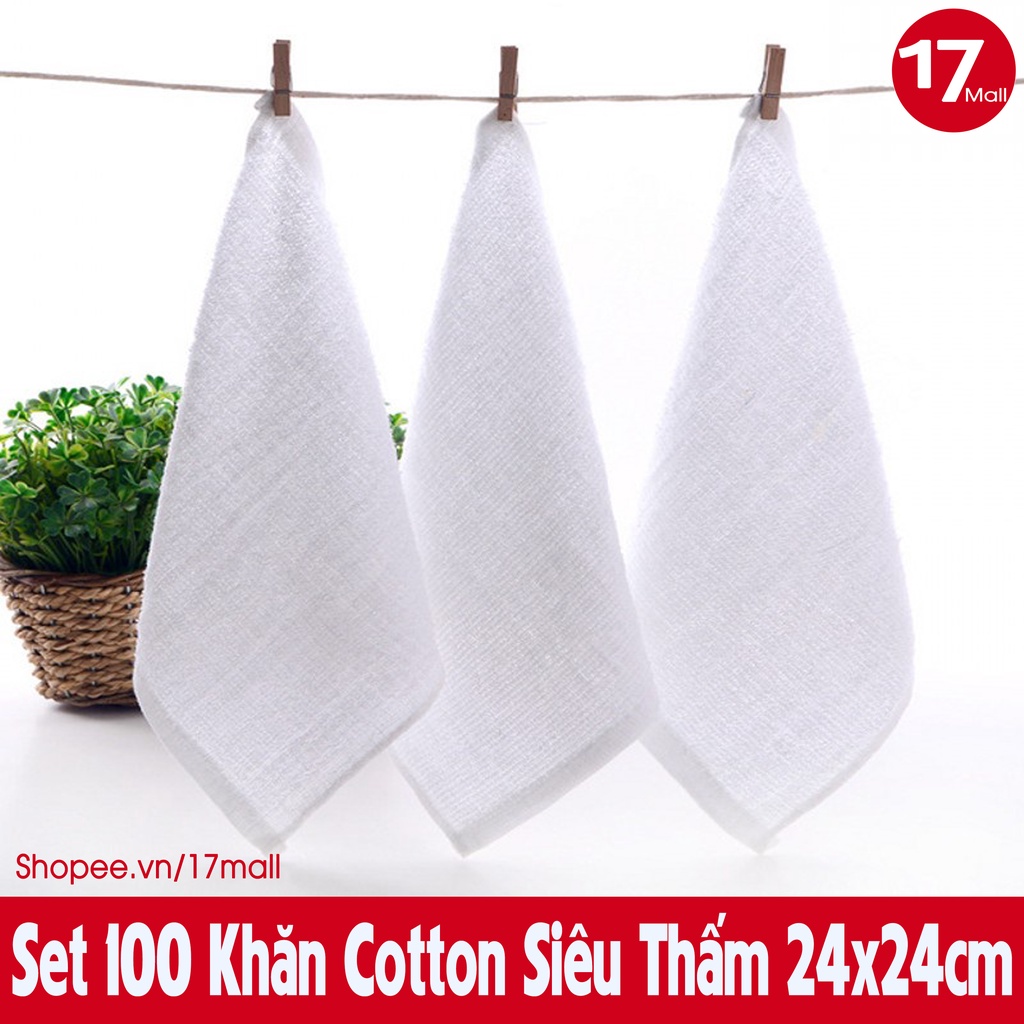 Set 100 khăn lau siêu thấm, khăn cotton dùng trong bệnh viện, lau tay, lau xe, nhà bếp, quán ăn size 24x24cm trắng