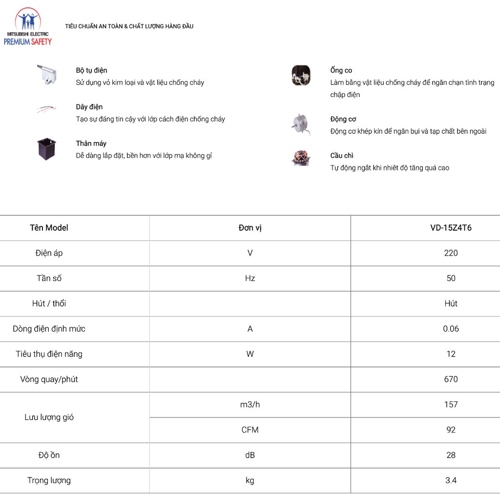 Quạt hút âm trần nối ống gió Mitsubishi VD-15Z4T6 12W Made in ThaiLand