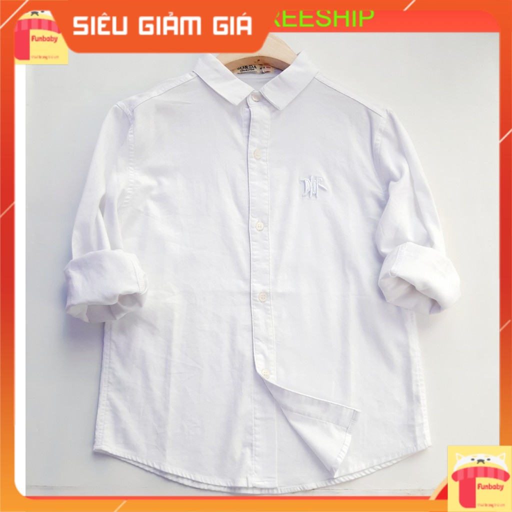 Áo sơ mi cho bé 5-12 tuổi tháng họa tiết thêu logo, Sơ mi dài tay bé trai vải thô mềm dáng thời trang