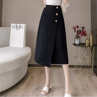 Chân váy công sở dài chữ A lưng cao, váy dài qua gối dáng xòe màu đen VannhShop CV0066