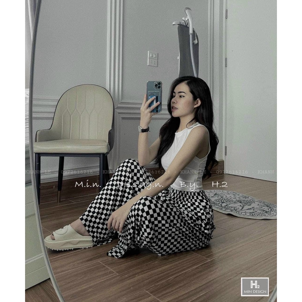 Quần Dài Nữ Ống Rộng Xếp Ly Sọc Caro Trắng Đen Hot