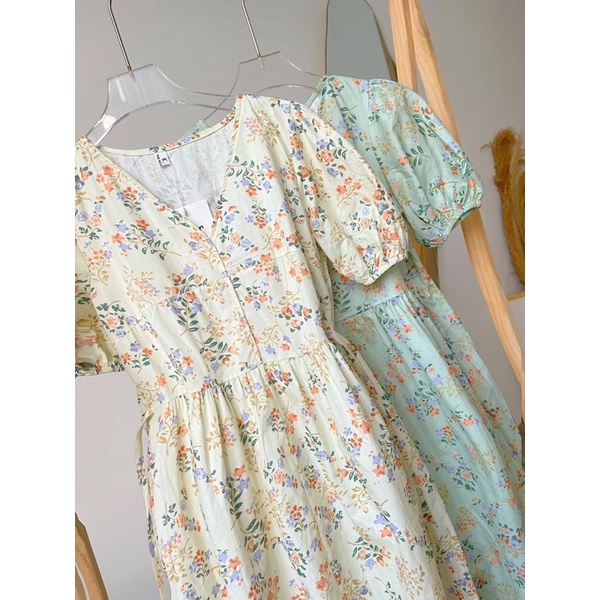 Váy Đầm Babydoll Hoa Nhí Vintage Cổ Tim Tay Lửng Chất Đũi Thô Xinh