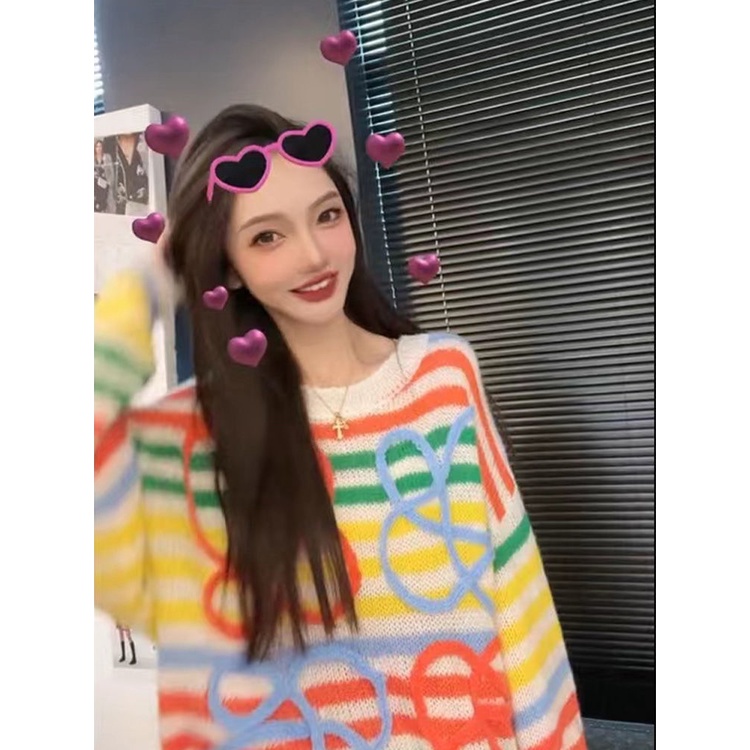 Jiashucheng Áo Sweater Dệt Kim Dáng Rộng Mềm Khoét Lỗ Họa Tiết Sọc Cầu Vồng Phong Cách Lười Mùa Thu Cao Cấp K