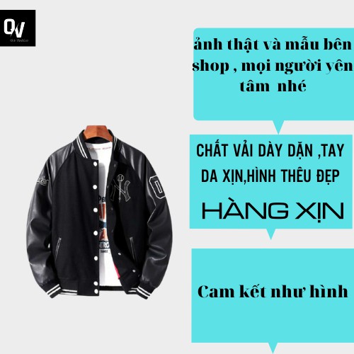 Áo khoác bomber , Bomber tay da ,03 new york Nam Nữ Ni Phối Tay Da ( hoạ tiết thêu nổi xịn ) - SHOP Q&amp;V