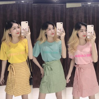 [Ảnh thật] Set áo thun in chữ mix chân váy caro đuôi cá ulzzang