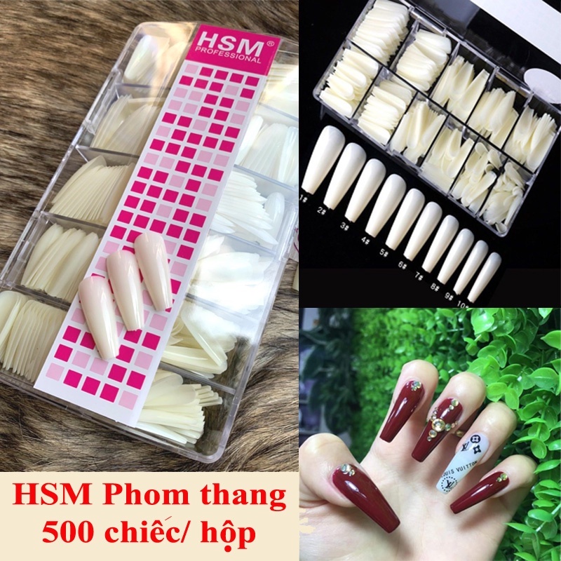 Móng úp HSM phom thang, hộp 500 móng, hàng chuẩn loại 1 trang trí móng làm nail