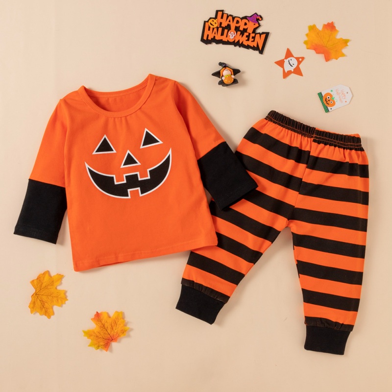 Bộ 2 món áo sweater in hình bí ngô + quần dài kẻ sọc cho bé dịp Halloween