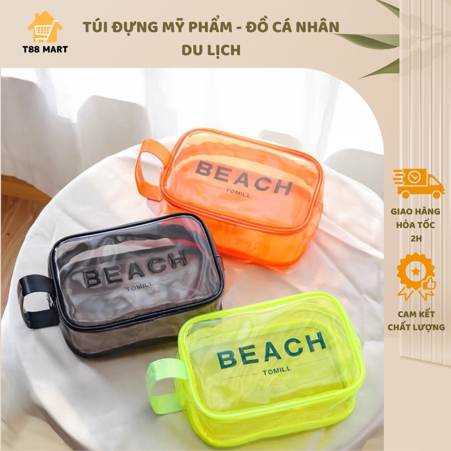 Túi đựng mỹ phẩm BEACH, túi đựng đồ cá nhân đi du lịch, chất liệu nhựa PU dẻo cao cấp trong suốt không thấm nước