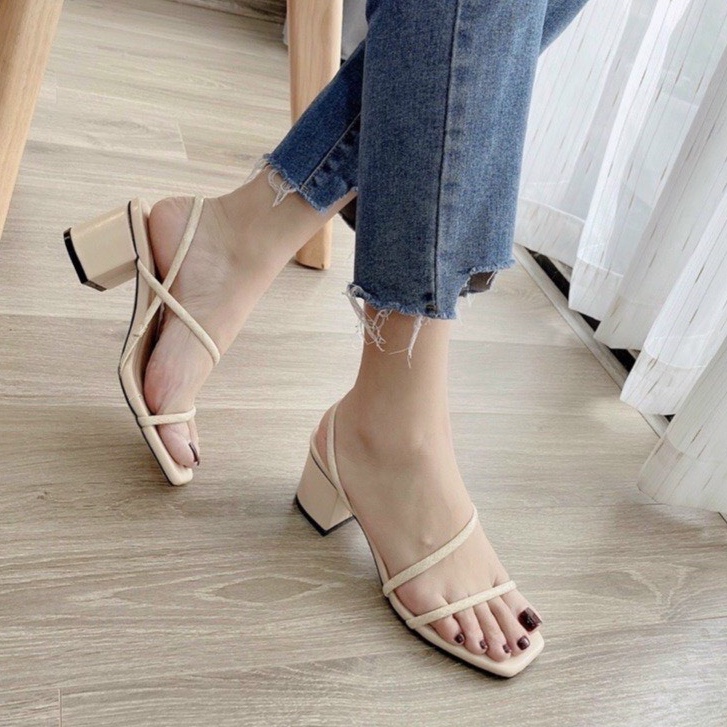 Giày Sandal Cao Gót 5 Phân, dép nữ gót vuông quai dây mảnh TRẮNG/ĐEN/KEM xinh xắn dễ phối đồ Mã M01