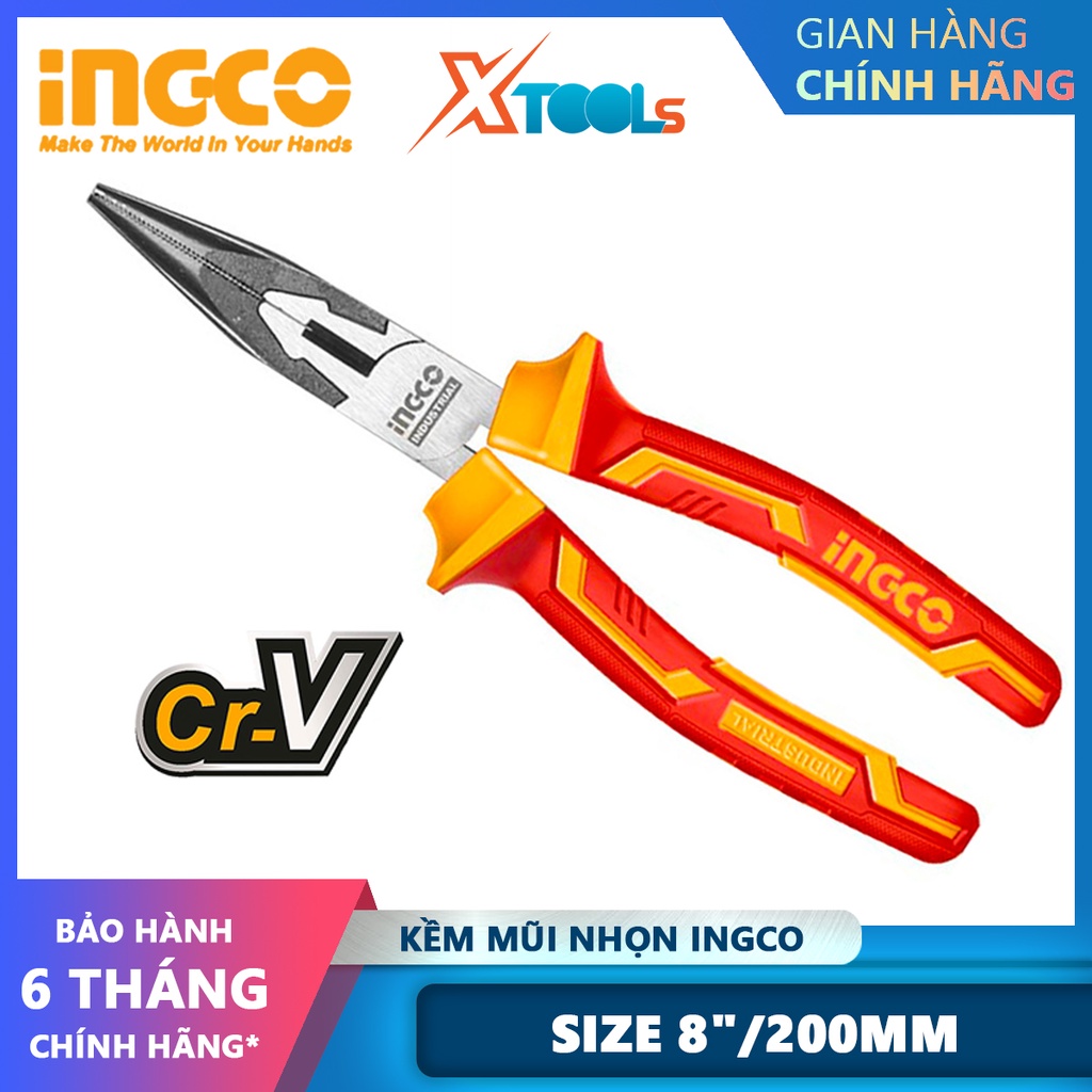 Kềm mũi nhọn cách điện INGCO HILNP28208 | Kìm cắt công nghiệp Kích thước 8&quot;/200mm Đầu kềm được đánh bóng và chống gỉ, dù