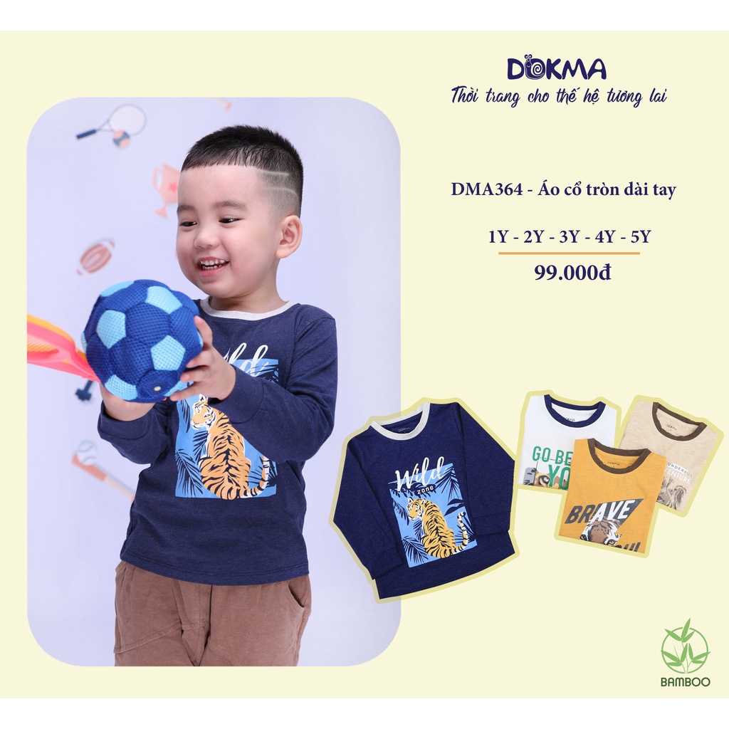 DMA364 Áo dài tay cổ tròn Dokma vải sợi tre mỏng cho bé trai (1-5T)