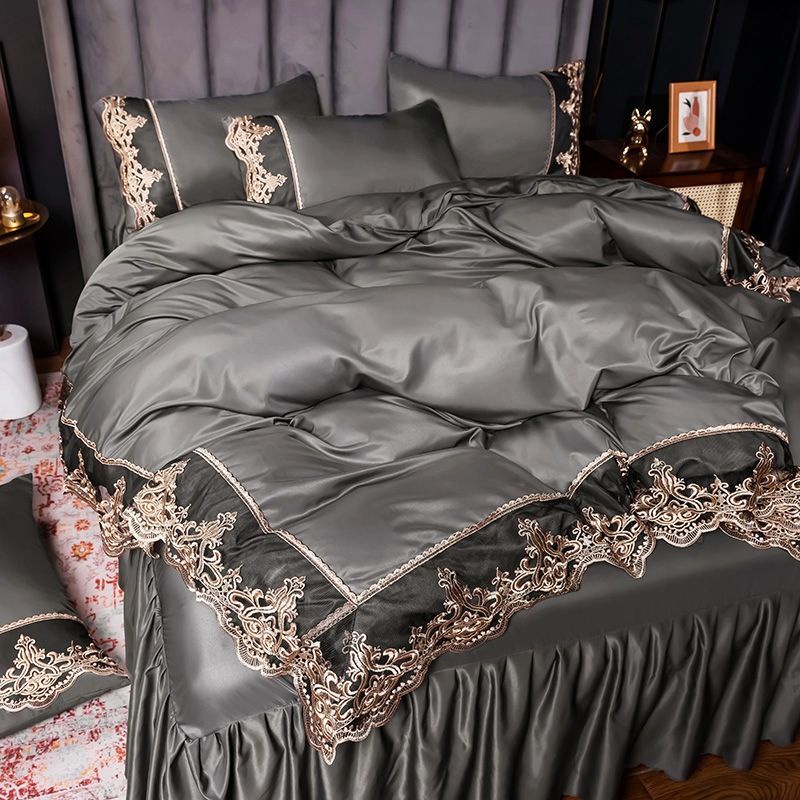 Summer double-sided ice silk bed skirt Four Piece Set Princess wind silk smooth naked sleeping days silk summer cool quilt cover bed sheet bedding