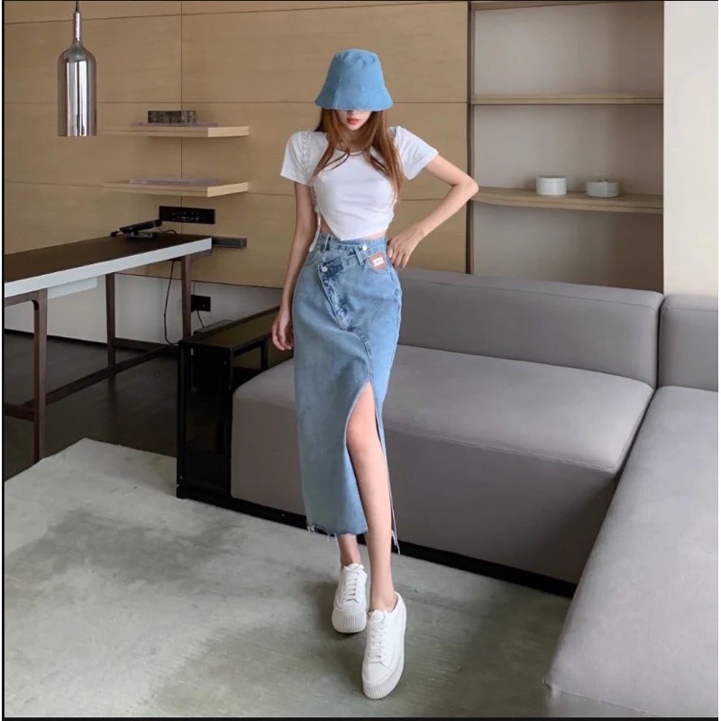 Chân váy jeans xẻ tà vạt chéo có bigsize | BigBuy360 - bigbuy360.vn