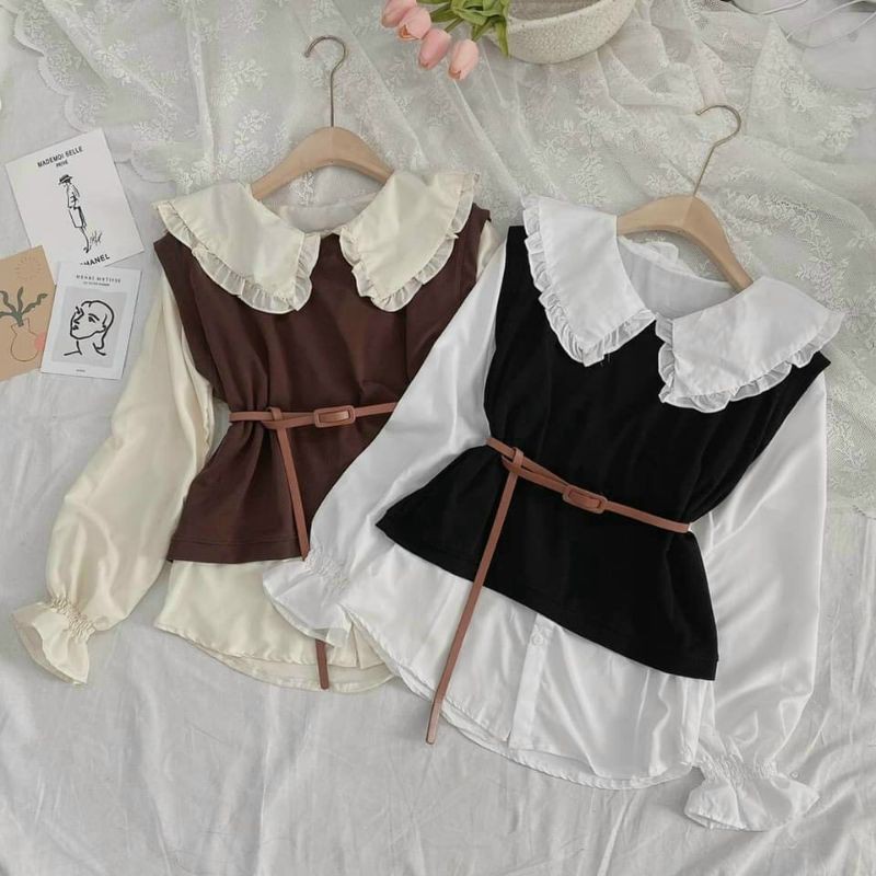 Set ái sơmi cổ bèo kèm áo ghile len kèm đai